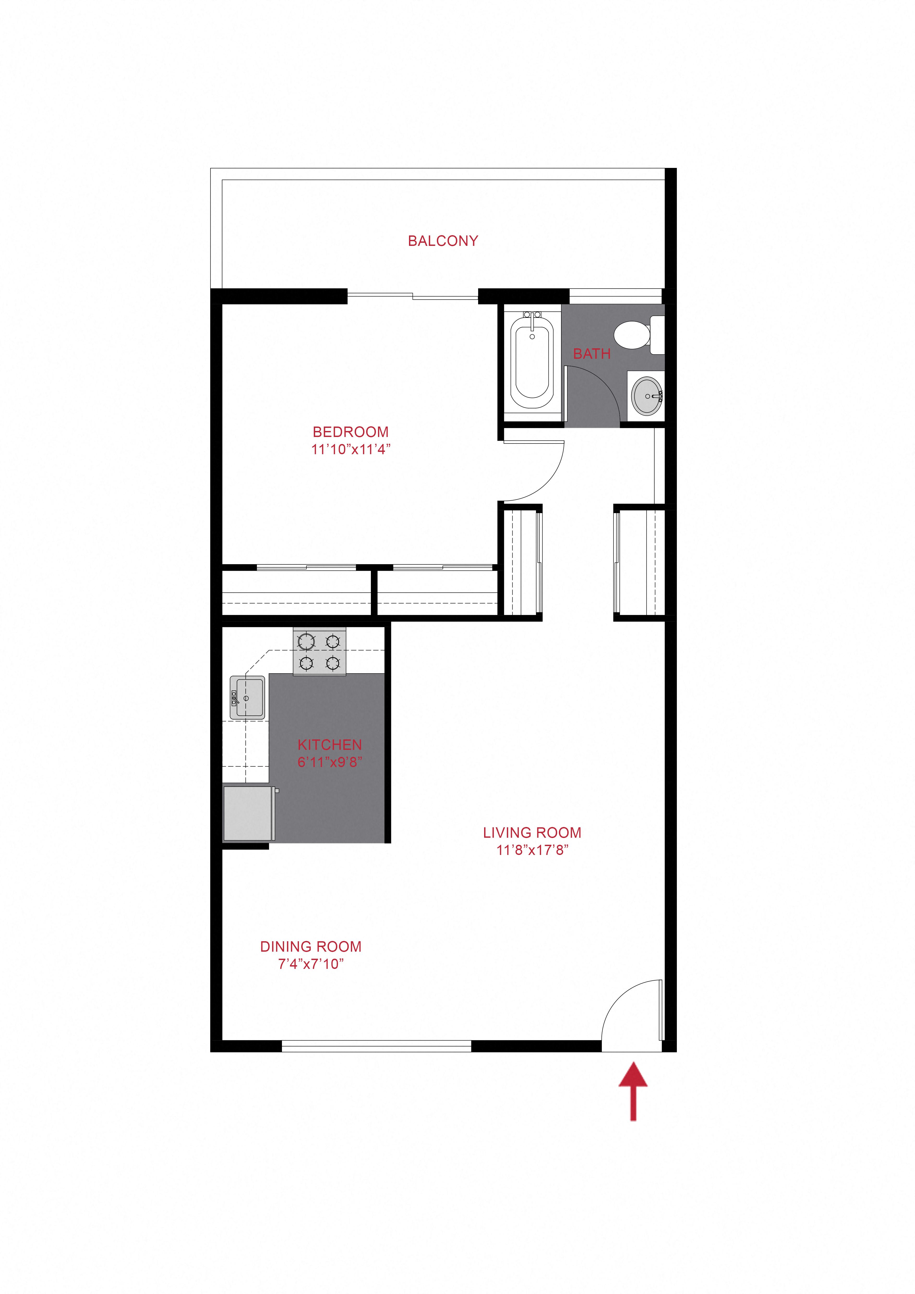 Floor plan for 1 bed, 1 bath, 570 sqft
